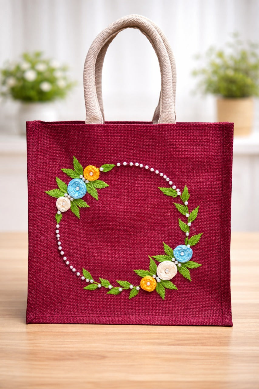 Maroon Hand Embroidered Jute Lunch & Handbag with Floral Pearl Wreath