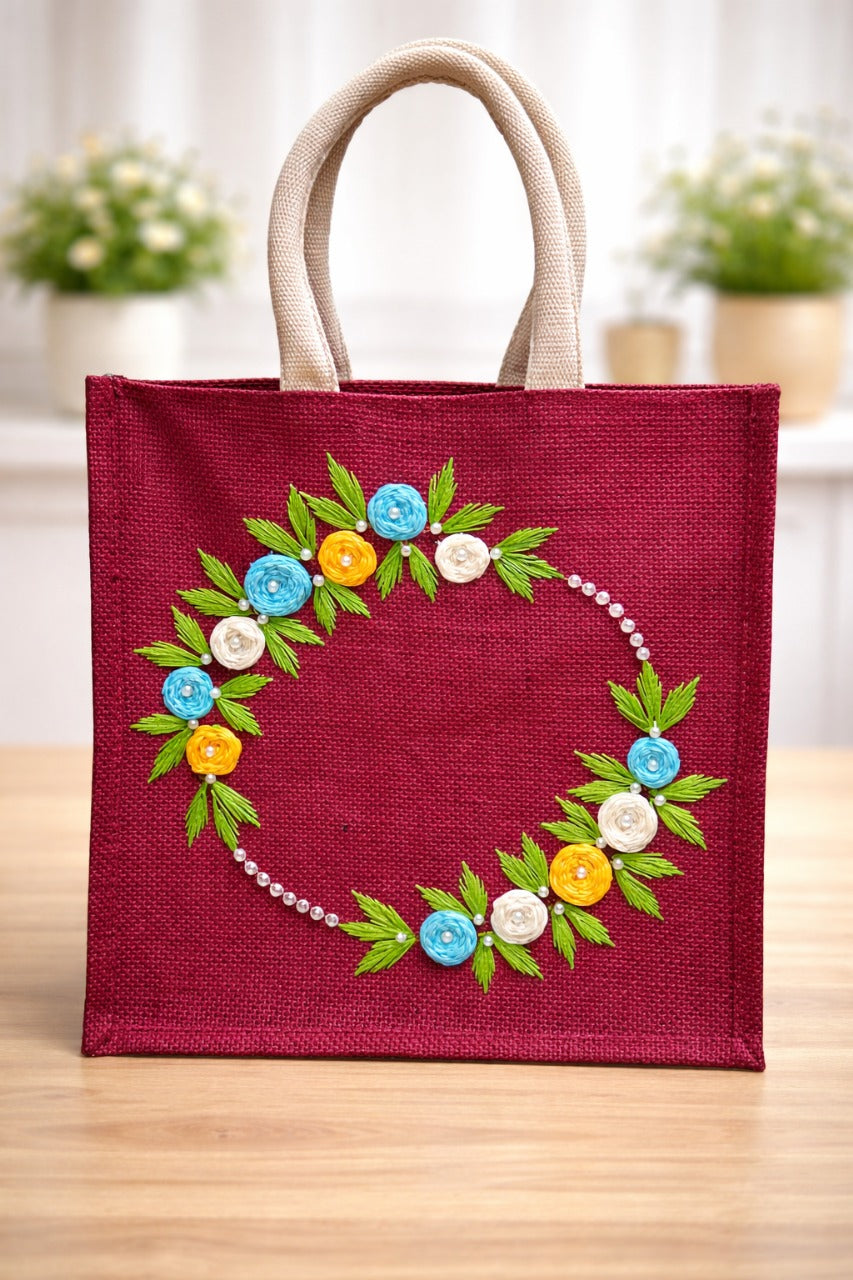 Handcrafted Maroon Jute Tote Bag with Floral Wreath Embroidery