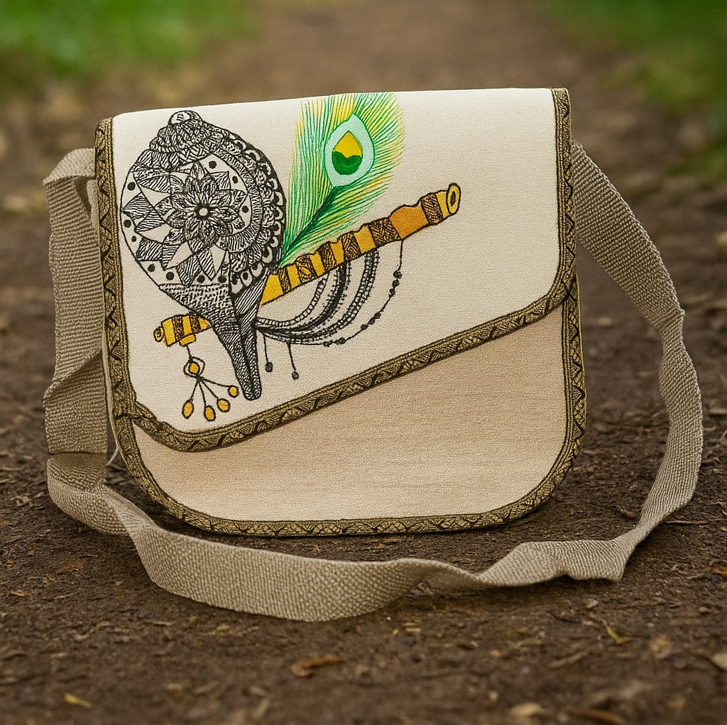 Krishna Flute Handpainted Jute Sling Bag