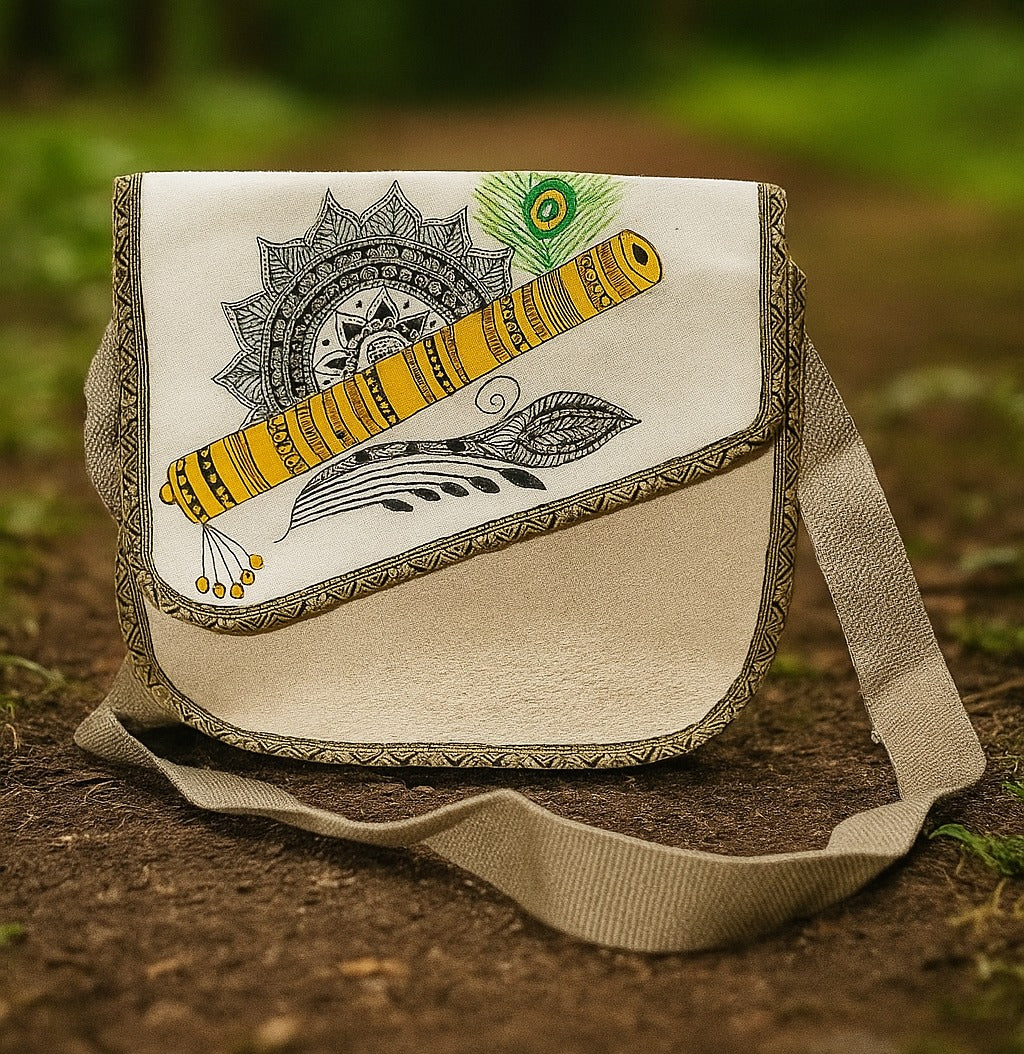 Handpainted Jute Sling Bag with Krishna Flute Design