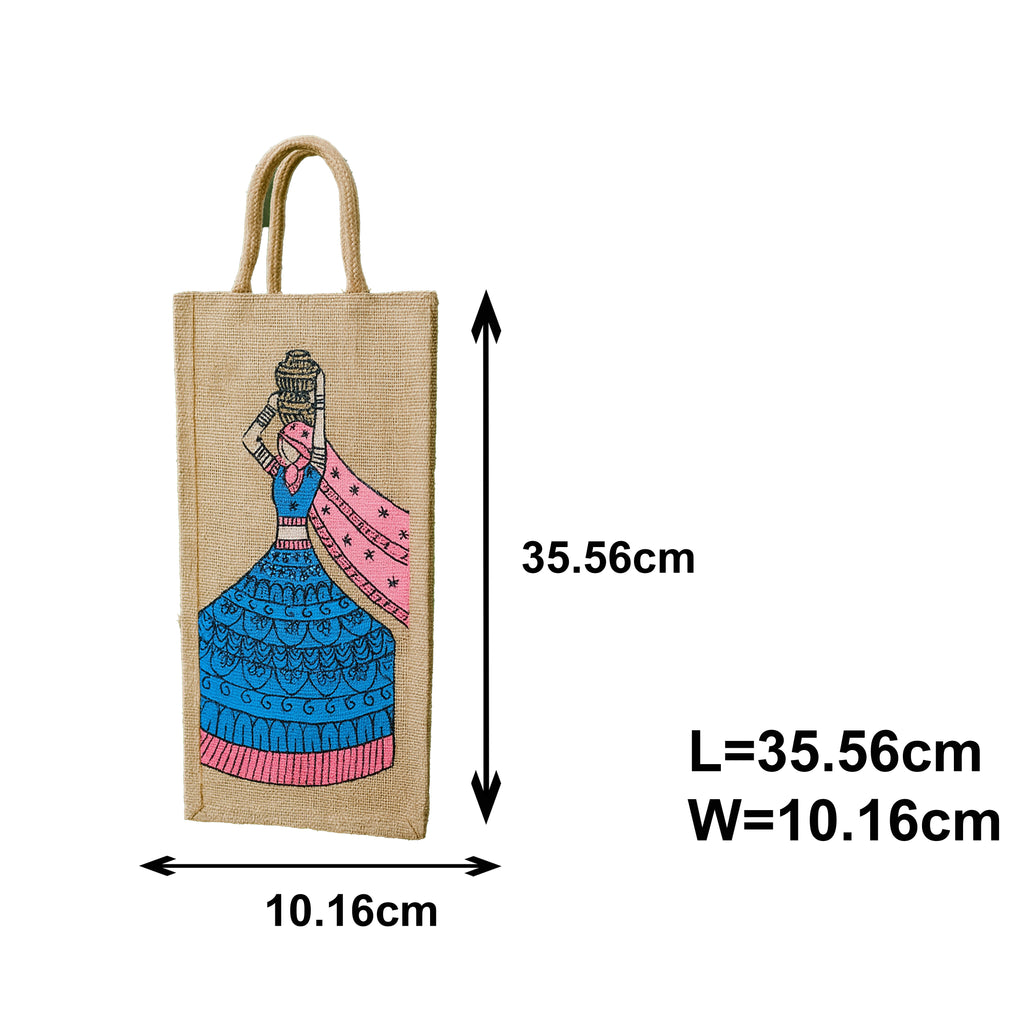 Ethnic Jute Bottle Cover with Pink and Blue Rajasthani Folk Art