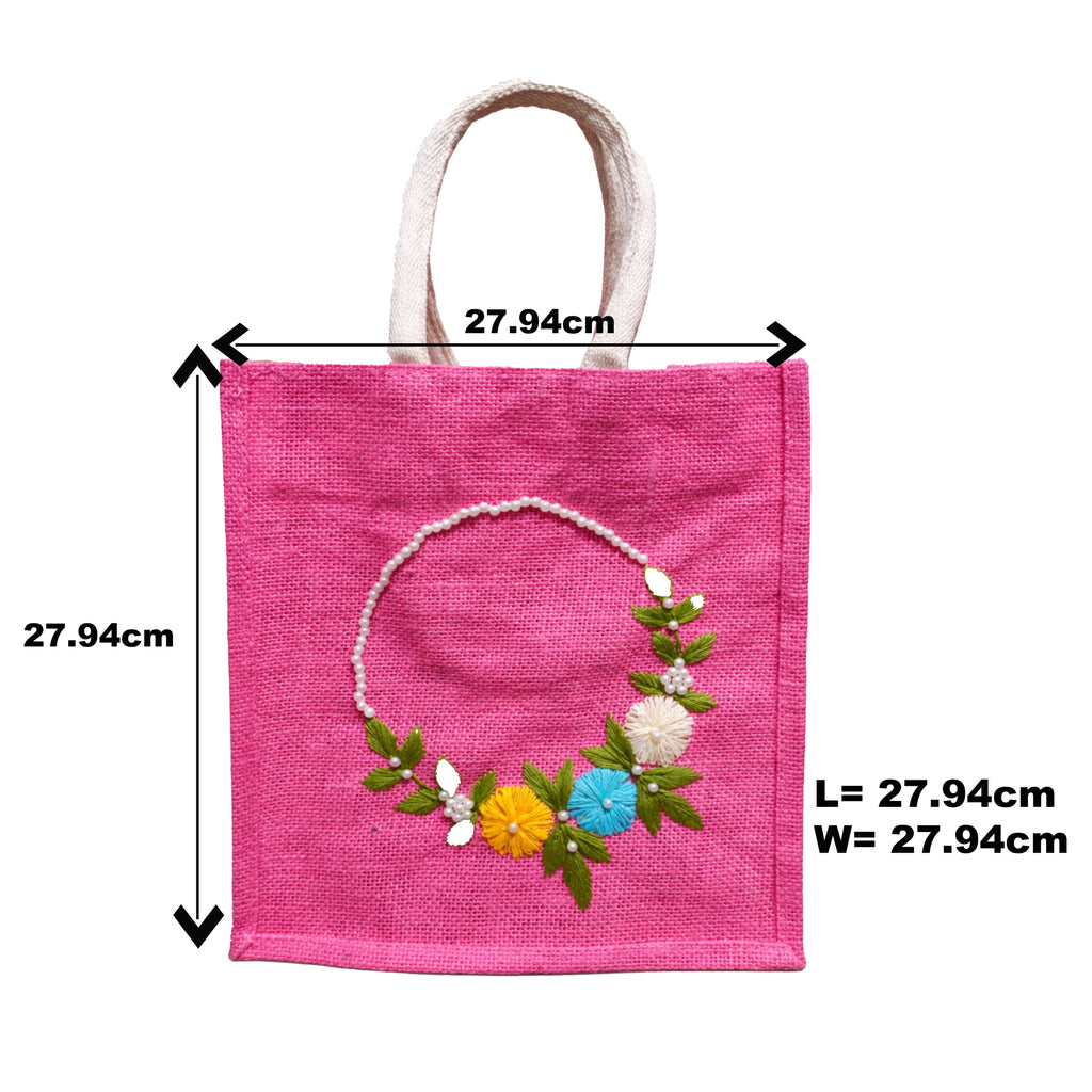 Handmade Pink Jute Bag with Floral Embroidery