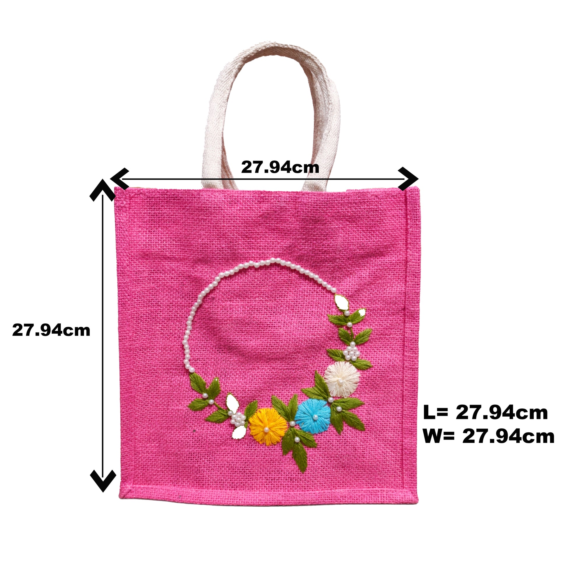 Handmade Pink Jute Bag with Floral Embroidery