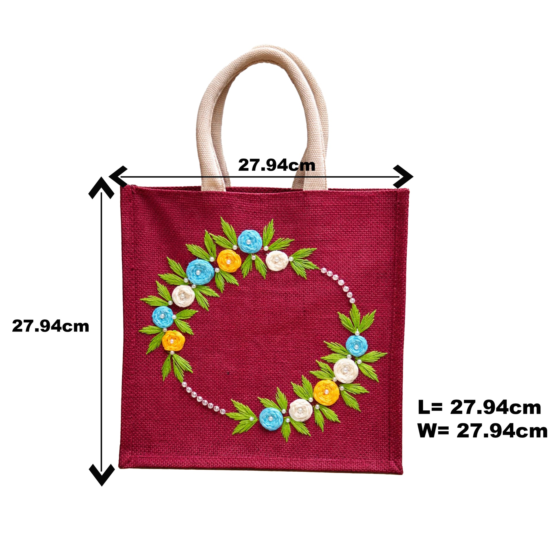 Handcrafted Maroon Jute Tote Bag with Floral Wreath Embroidery