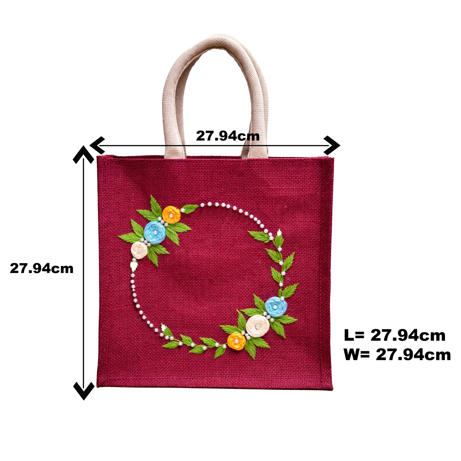 Maroon Hand Embroidered Jute Lunch & Handbag with Floral Pearl Wreath