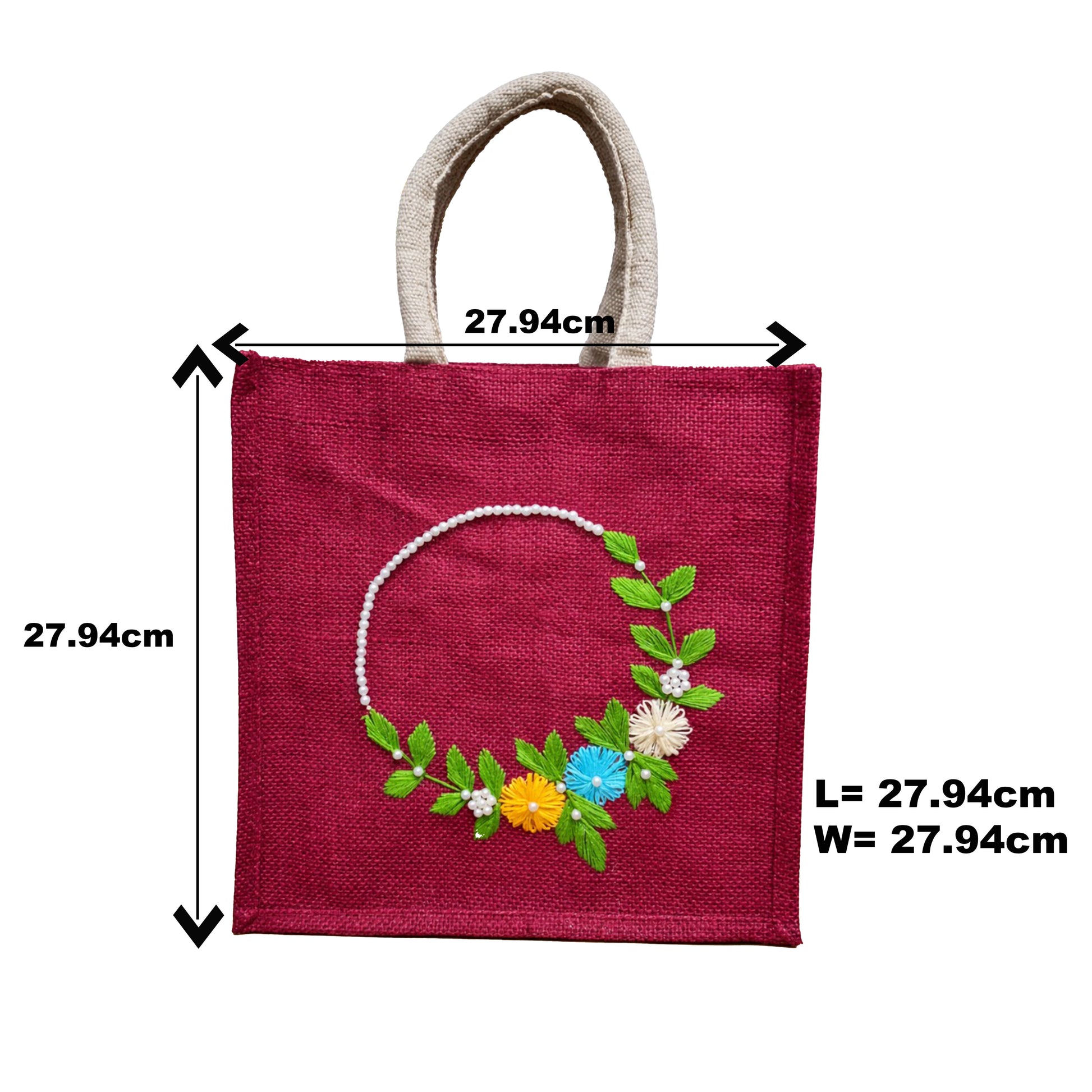 Maroon Hand Embroidered Jute Handbag with Floral Pearl Design