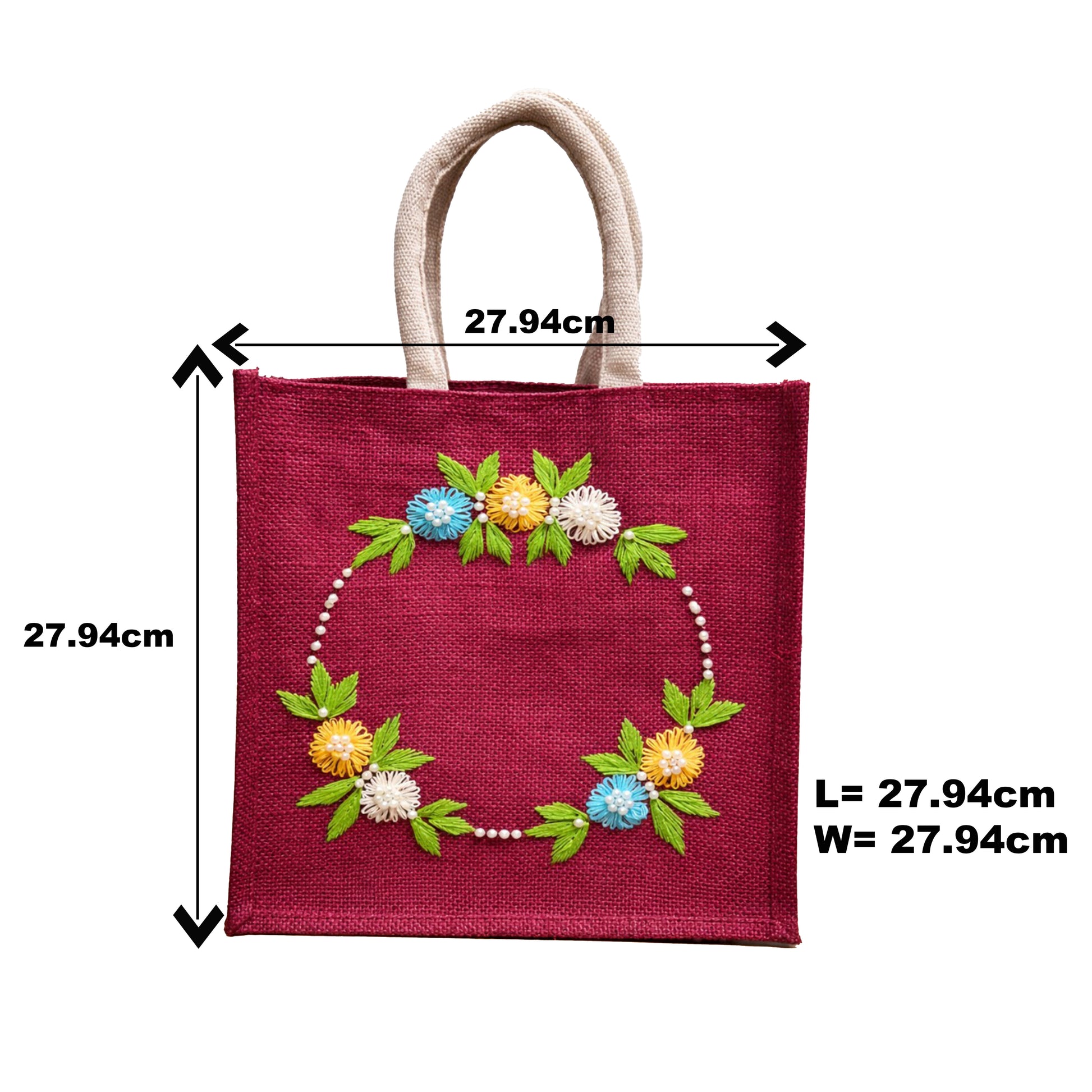 Hand Embroidered Maroon Jute Handbag with Floral Pearl Wreath