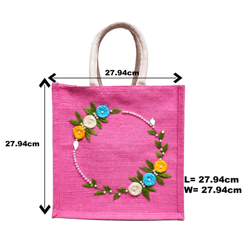 Pink Jute Tote Bag with Full Floral Wreath Embroidery