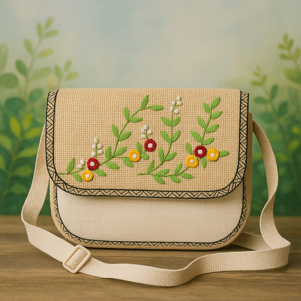 Embroidered Floral Jute Sling Bag with Adjustable Strap