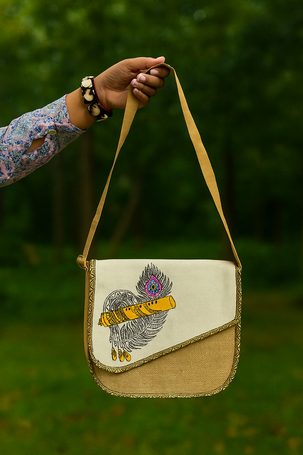 Krishna Flute Handpainted Jute Sling Bag