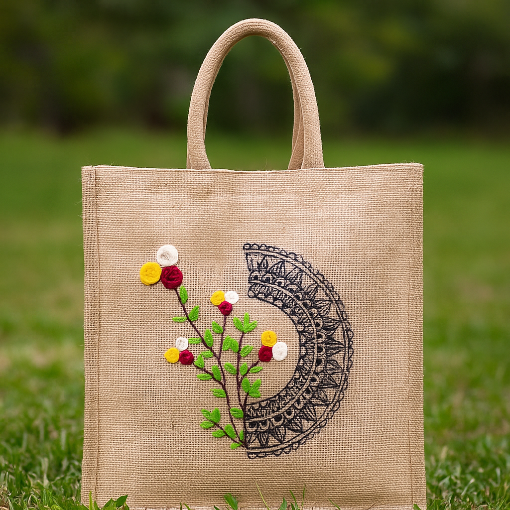 Handcrafted Jute Lunch Bag with Floral & Mandala Embroidery