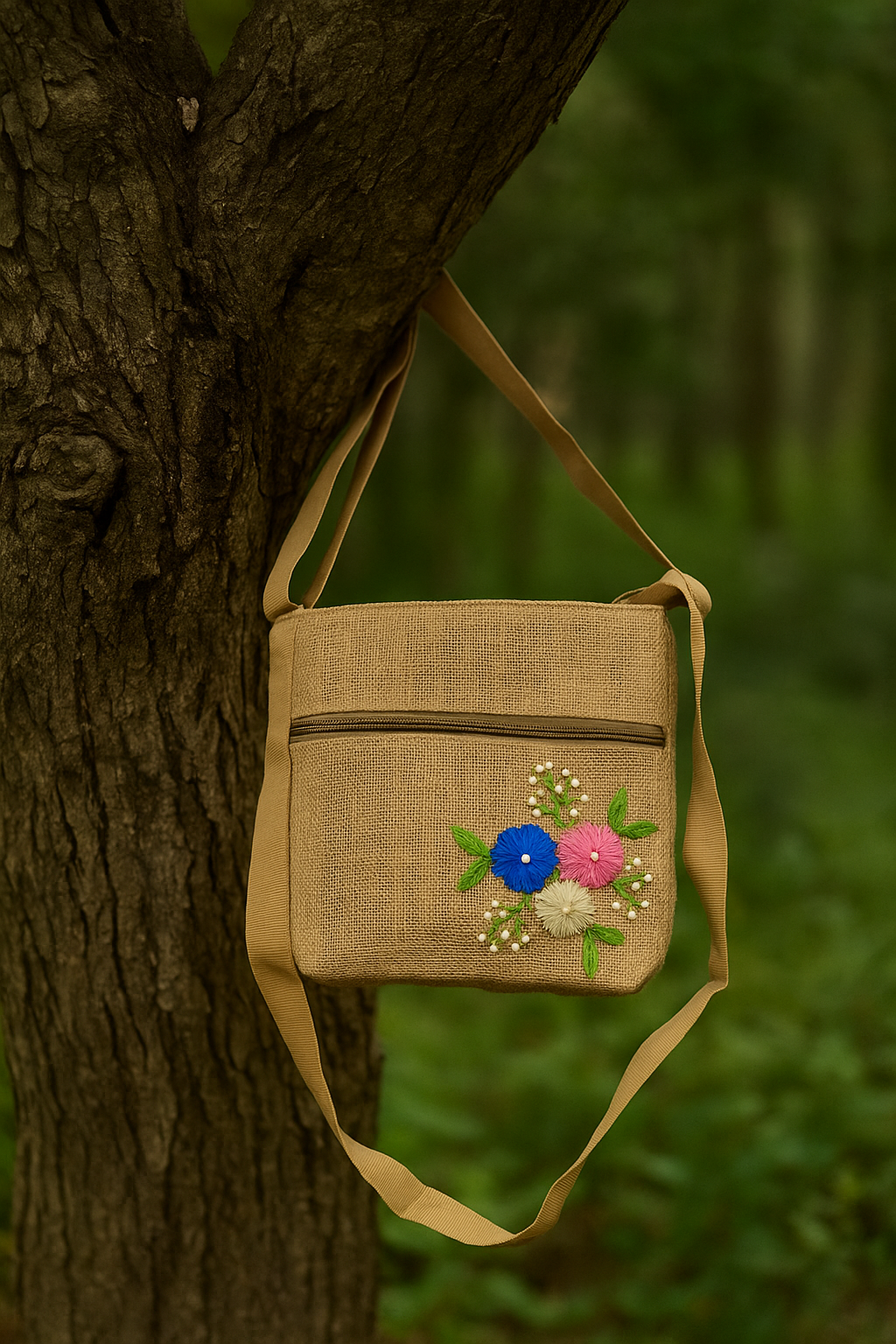 Small Floral Embroidered Jute Sling Bag