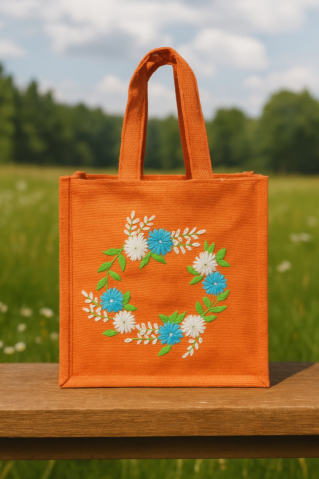 Orange Jute Handbag with Floral Wreath Embroidery