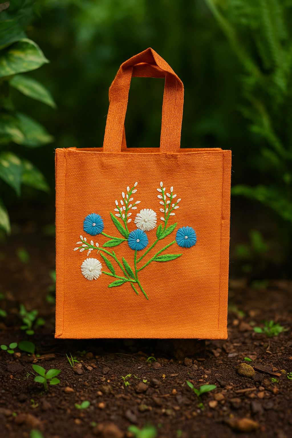 Orange Jute Lunch Bag with Blue and White Floral Embroidery
