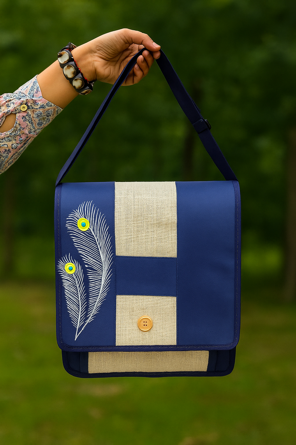 Blue Jute Laptop Bag with Dual Peacock Feather Design