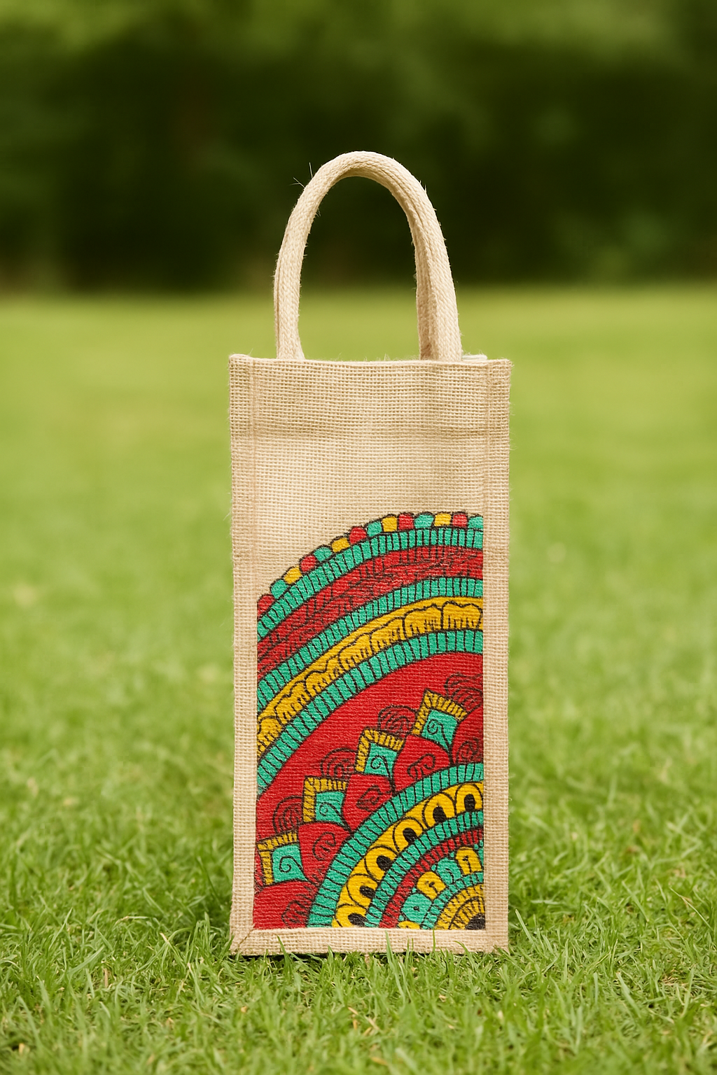 Eco-Friendly Handcrafted Jute Bottle Cover with Colorful Mandala Design