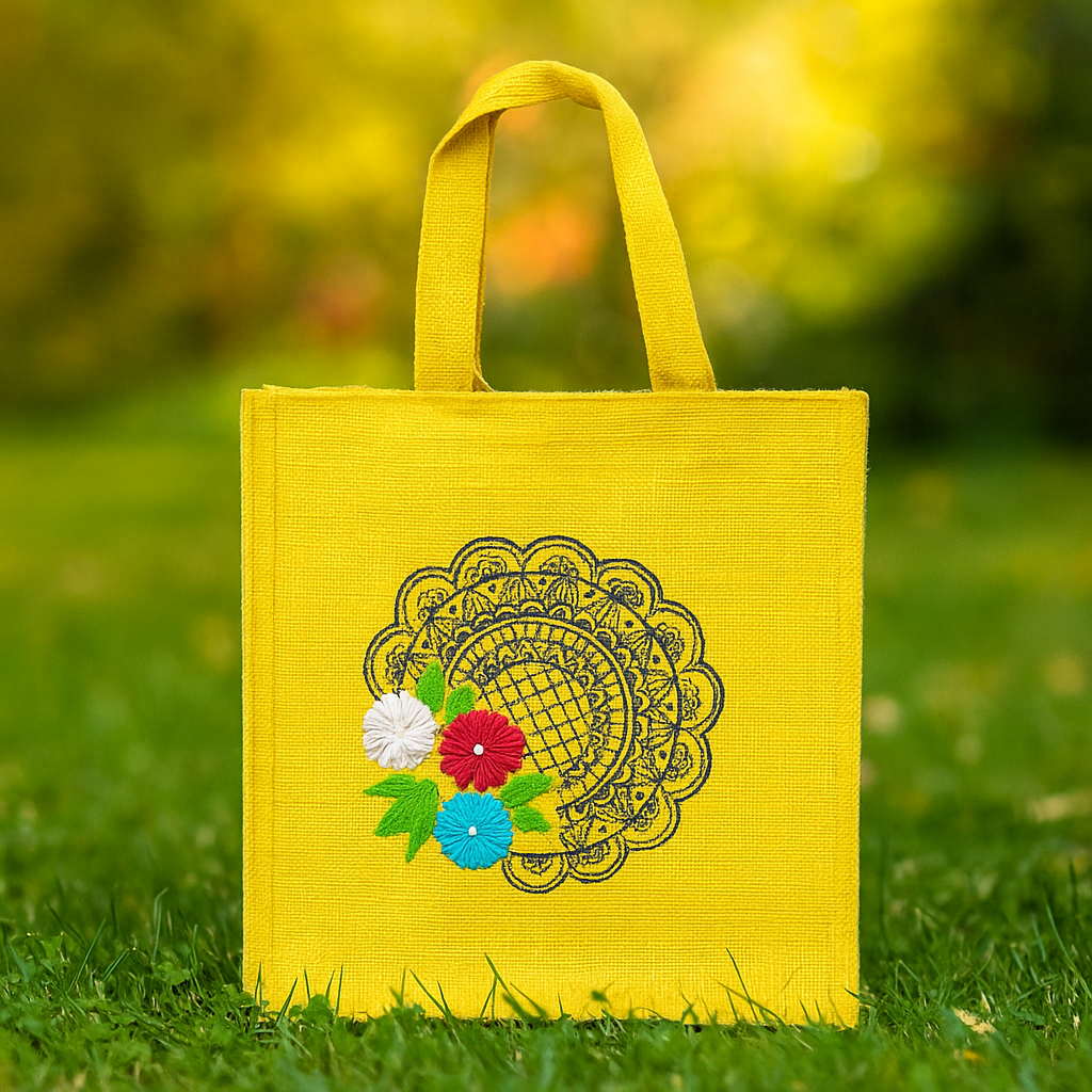 Yellow Jute Lunch Bag with Mandala and Floral Embroidery