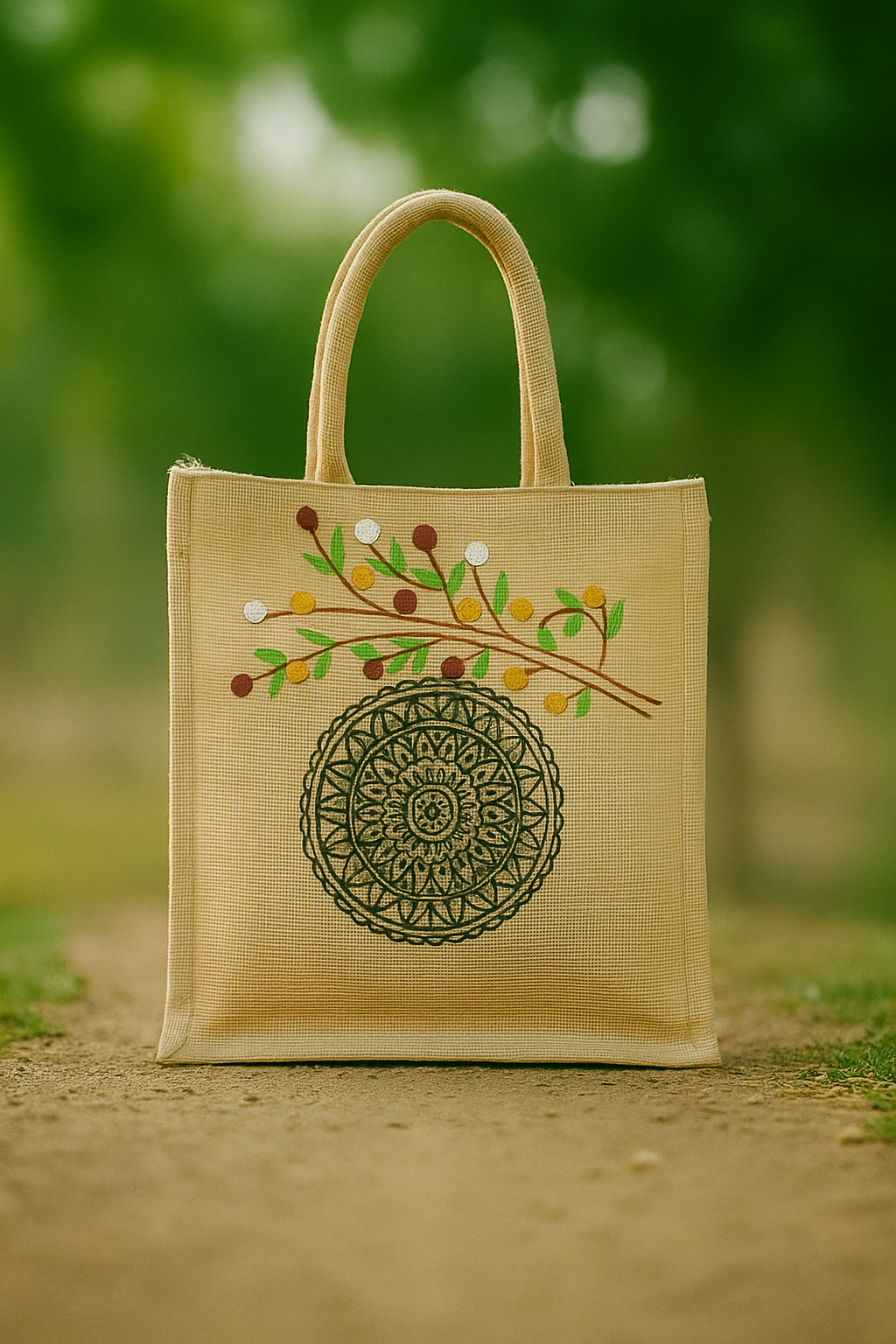 Eco-Friendly Jute Lunch Bag with Botanical Branch and Mandala Design