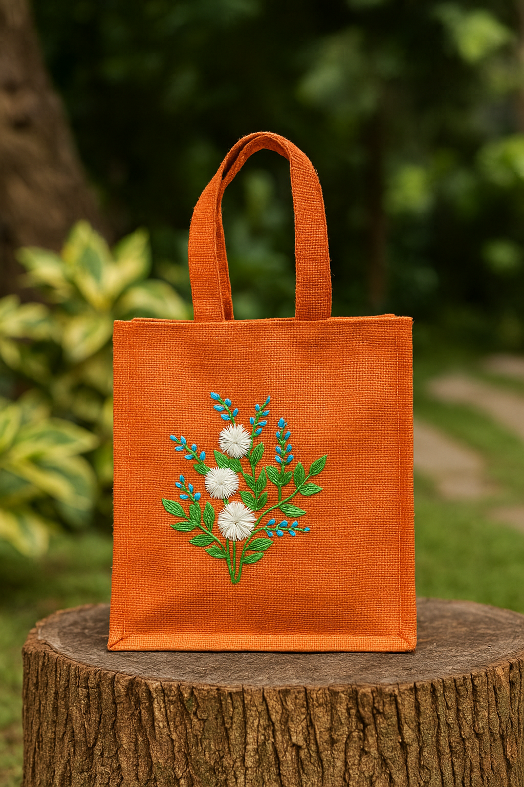 Orange Jute Handbag with White & Blue Floral Embroidery