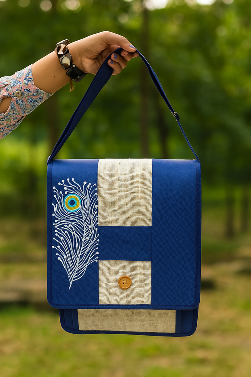 Blue Jute Laptop Bag with Peacock Feather Design