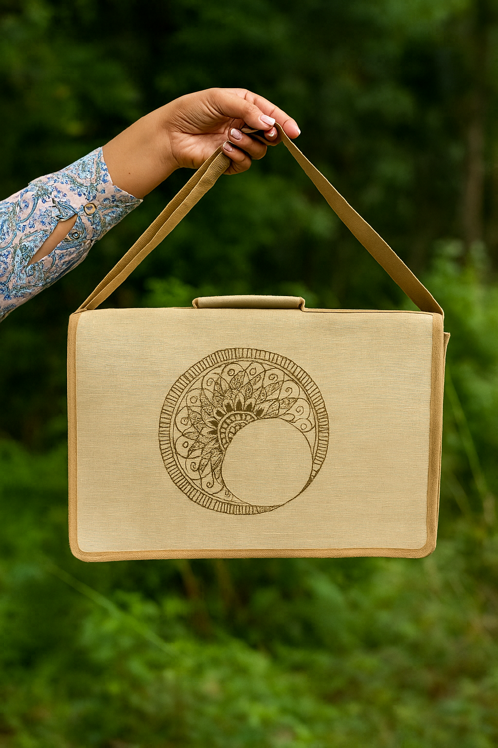 Handcrafted Jute Laptop Bag with Mandala Moon Design