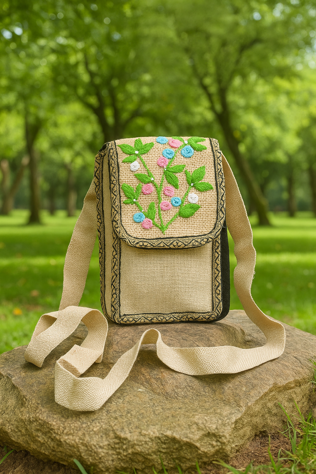 Garden Bloom Jute Mobile Pouch Bag