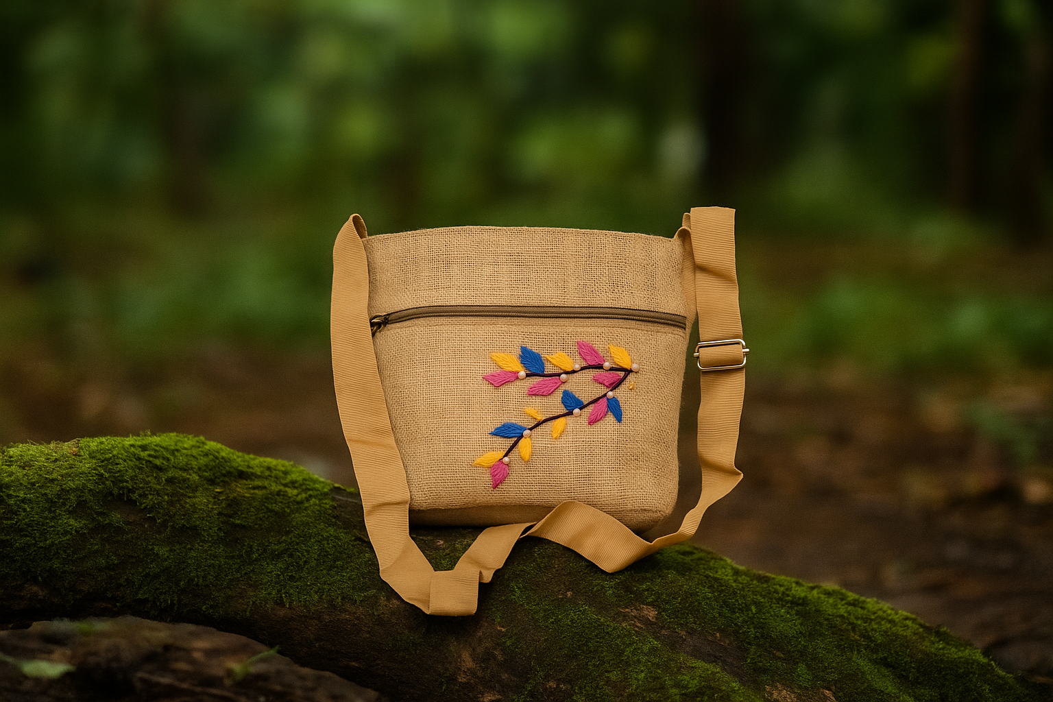 Rainbow Leaf Jute Sling Bag Small