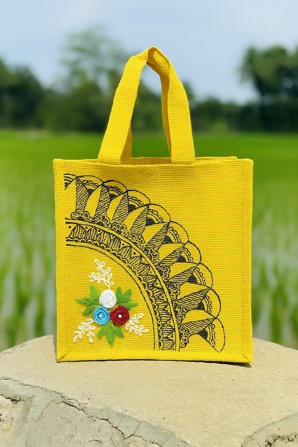 Handcrafted Yellow Jute Lunch Bag with Embroidery