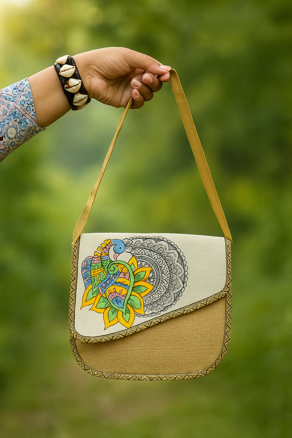 Handpainted Jute Sling Bag with Peacock Design