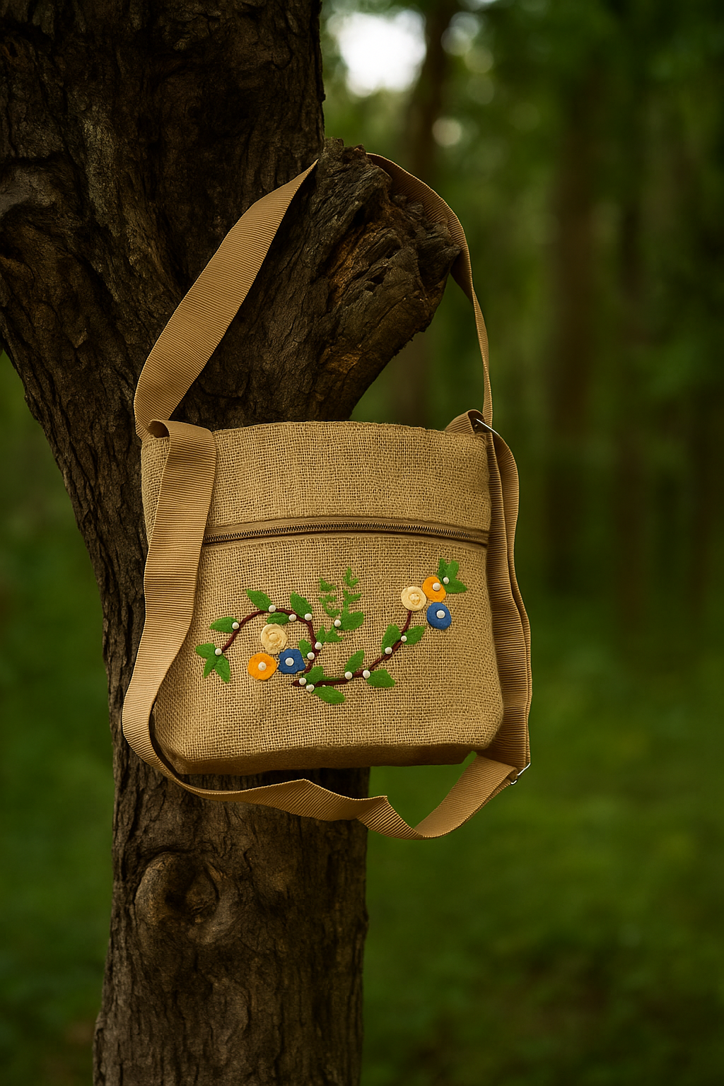 Small Jute Sling Bag with Yellow and Blue Floral Embroidery