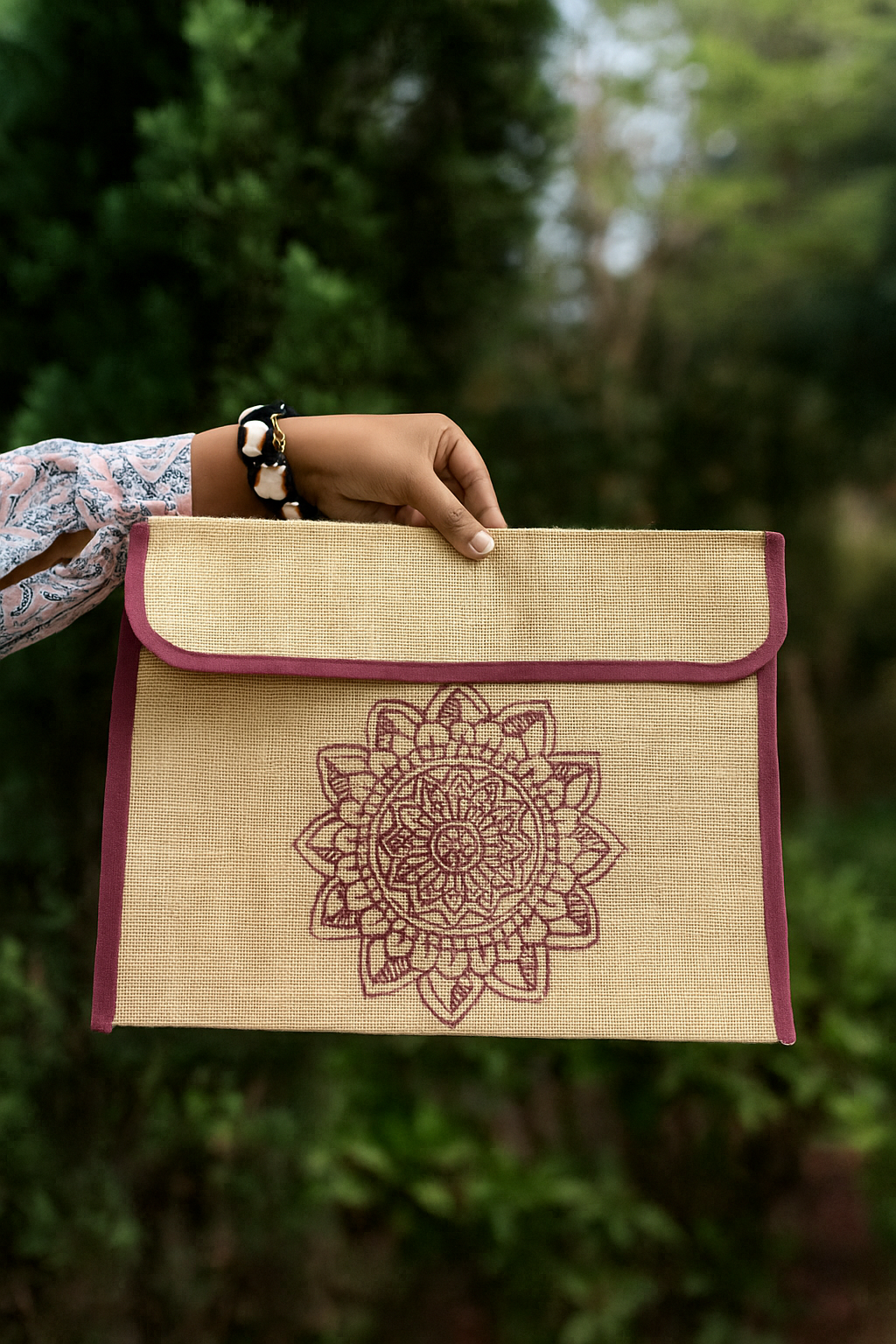 Natural Jute Laptop Sleeve with Maroon Mandala Print