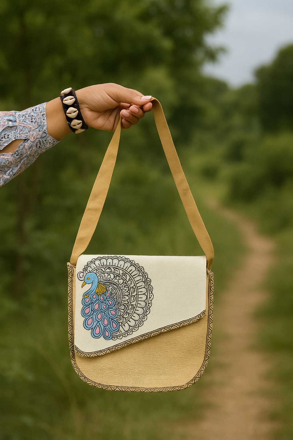 Handpainted Jute Sling Bag with Mandala Peacock Design
