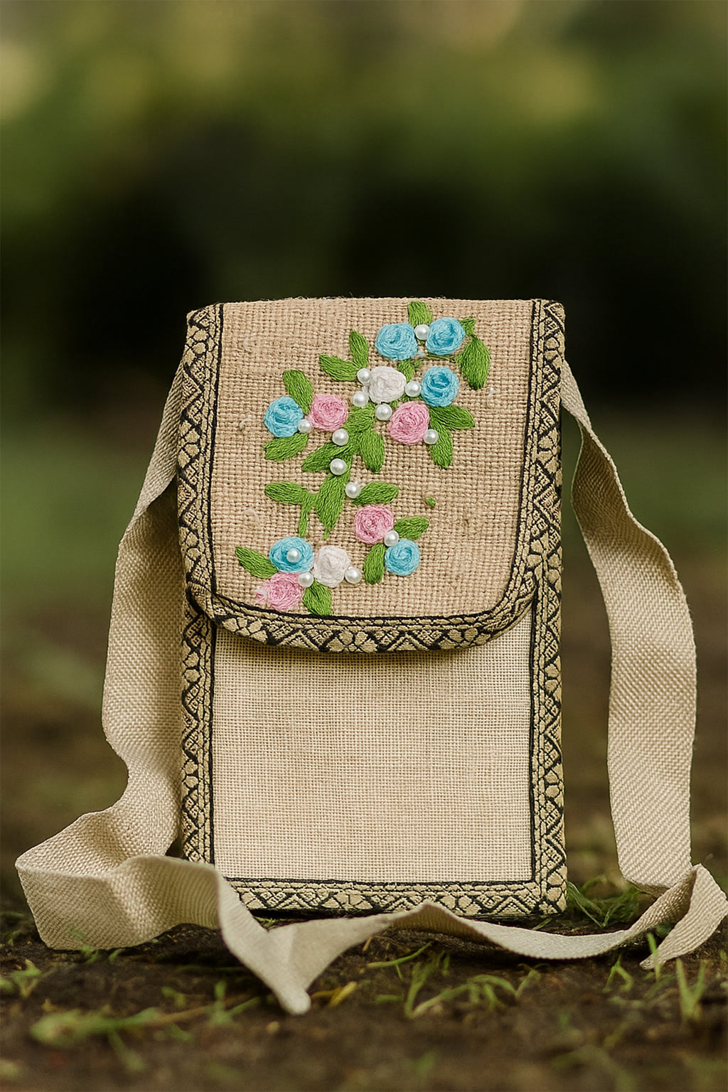 Floral Embroidered Jute Mobile Pouch Bag