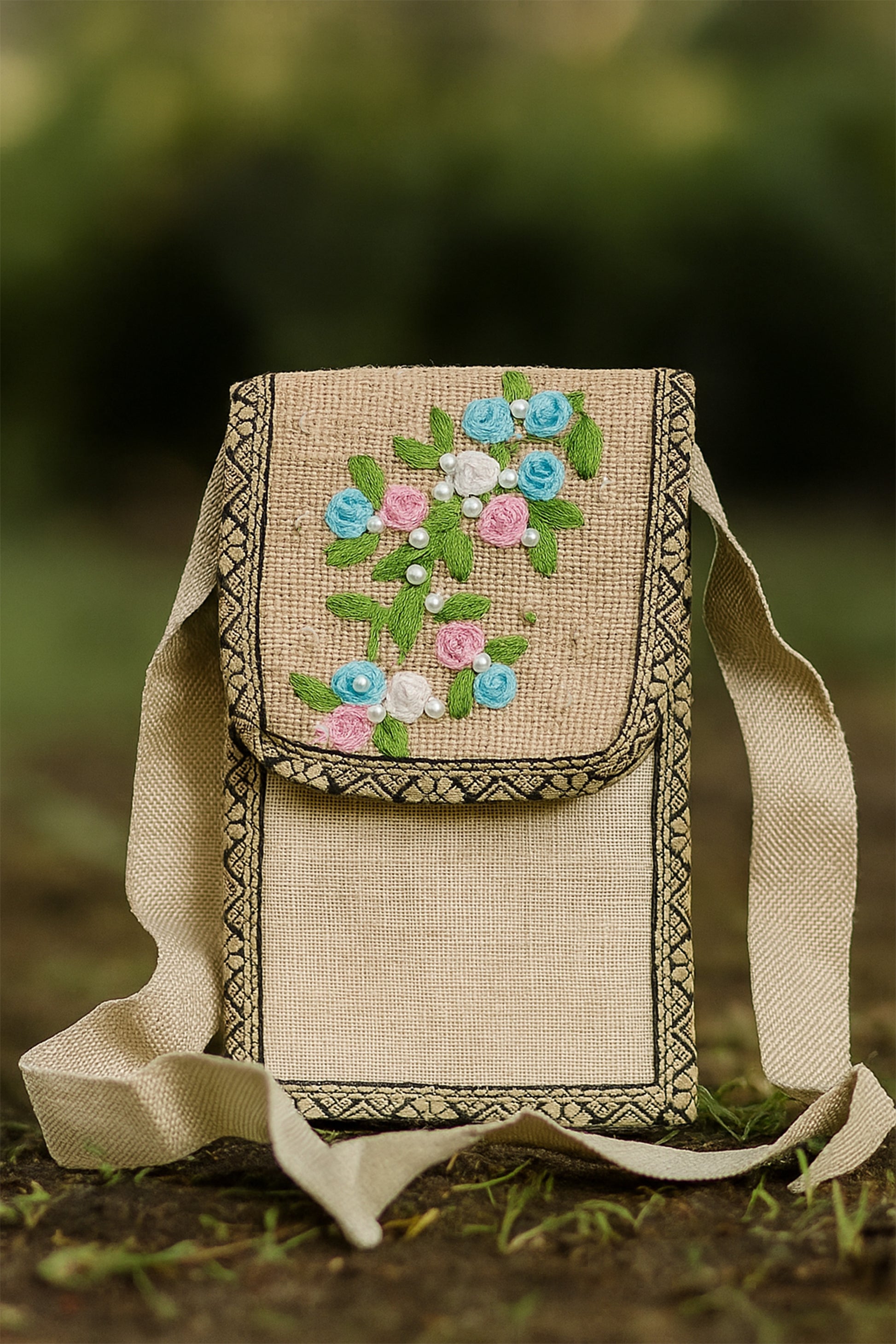 Floral Embroidered Jute Mobile Pouch Bag