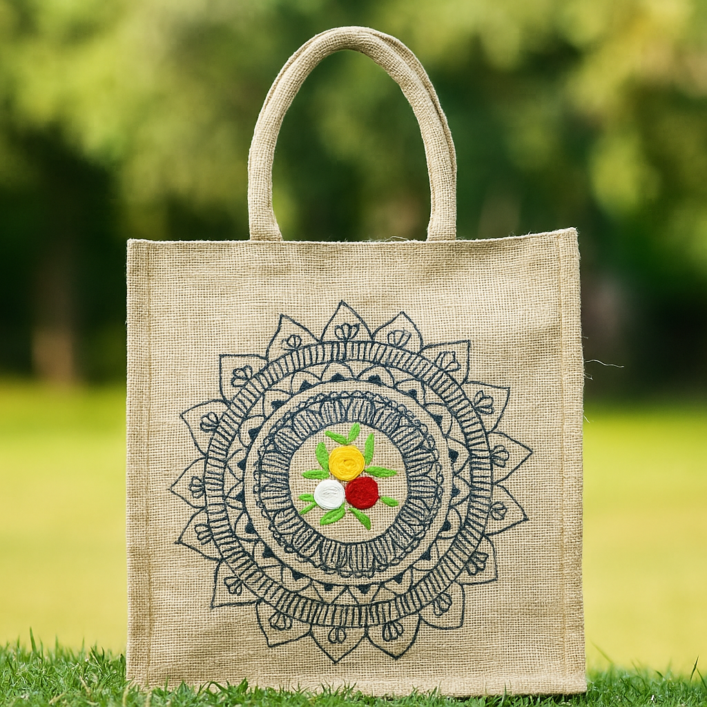 Handcrafted Jute Lunch Bag with Mandala Art and Floral Appliqué