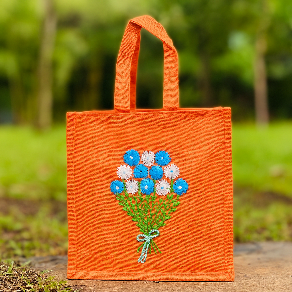 Orange Jute Tote Bag with Blue & White Flower Bouquet Embroidery