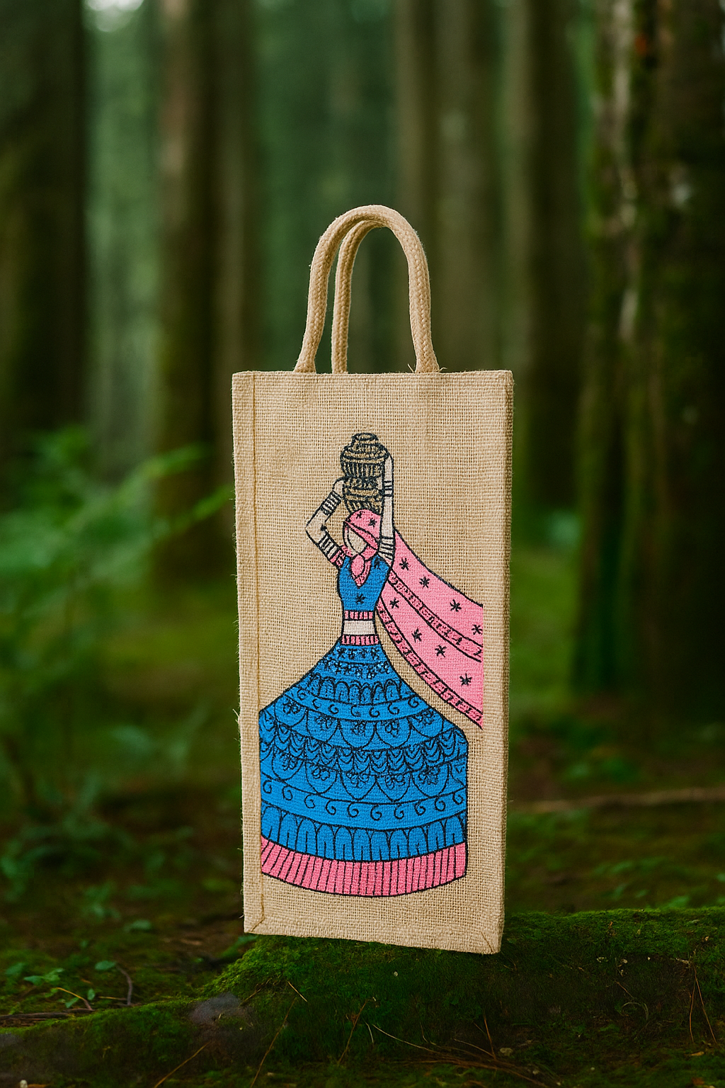 Ethnic Jute Bottle Cover with Pink and Blue Rajasthani Folk Art