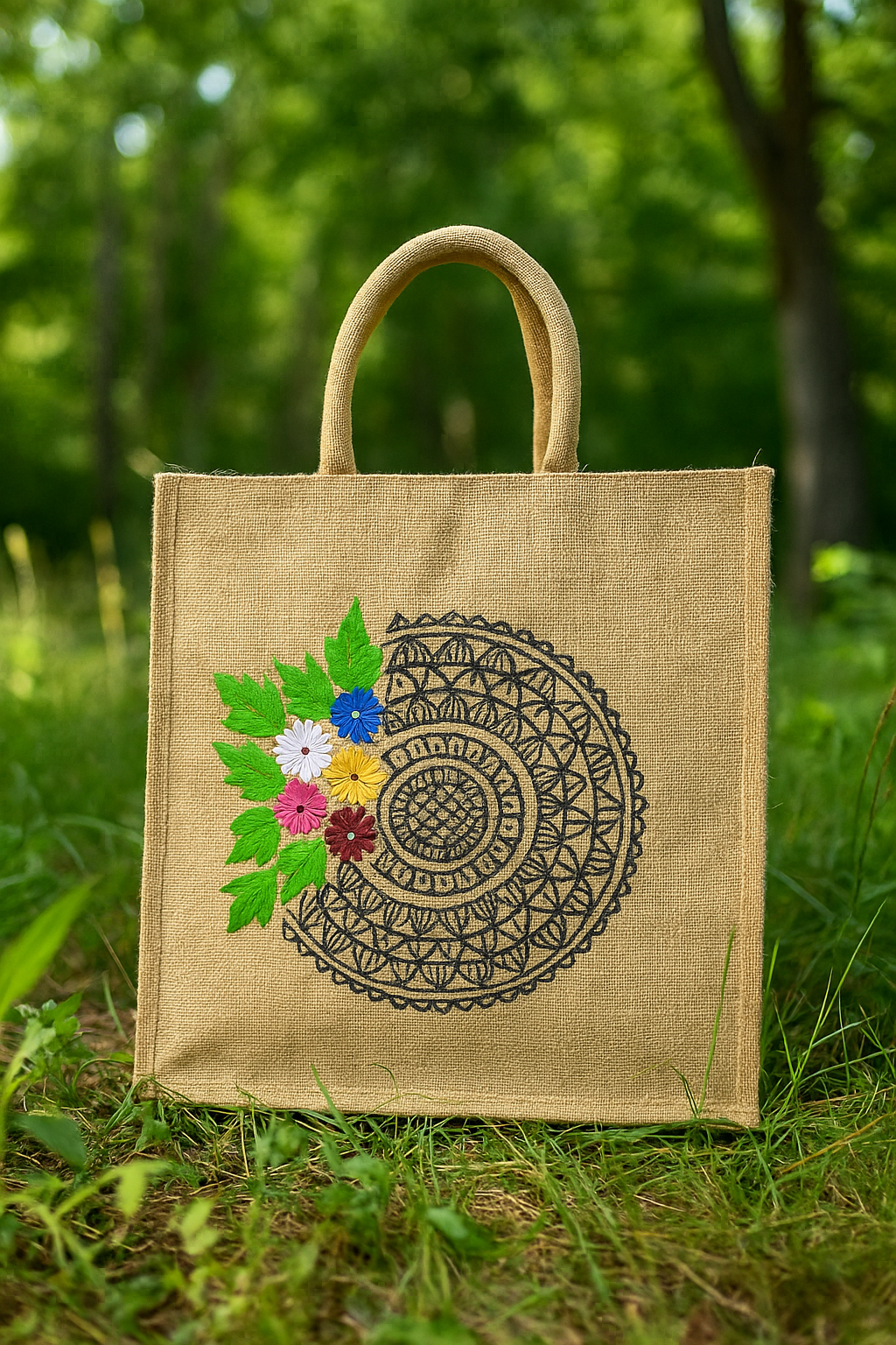 Jute Lunch Bag with Mandala and Colorful Floral Embroidery