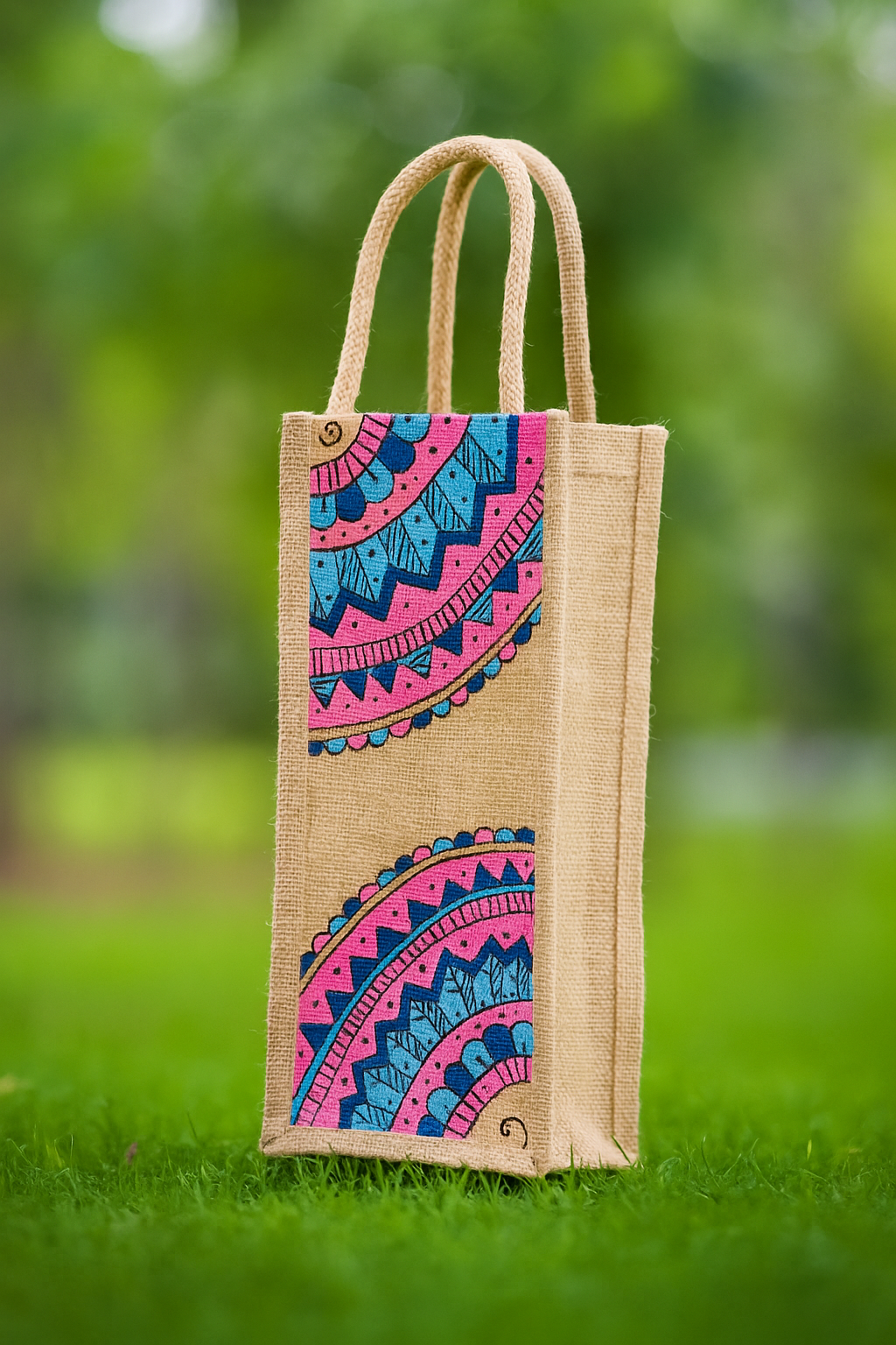 Boho Mandala Jute Bottle Cover with Pink and Blue Tribal Print