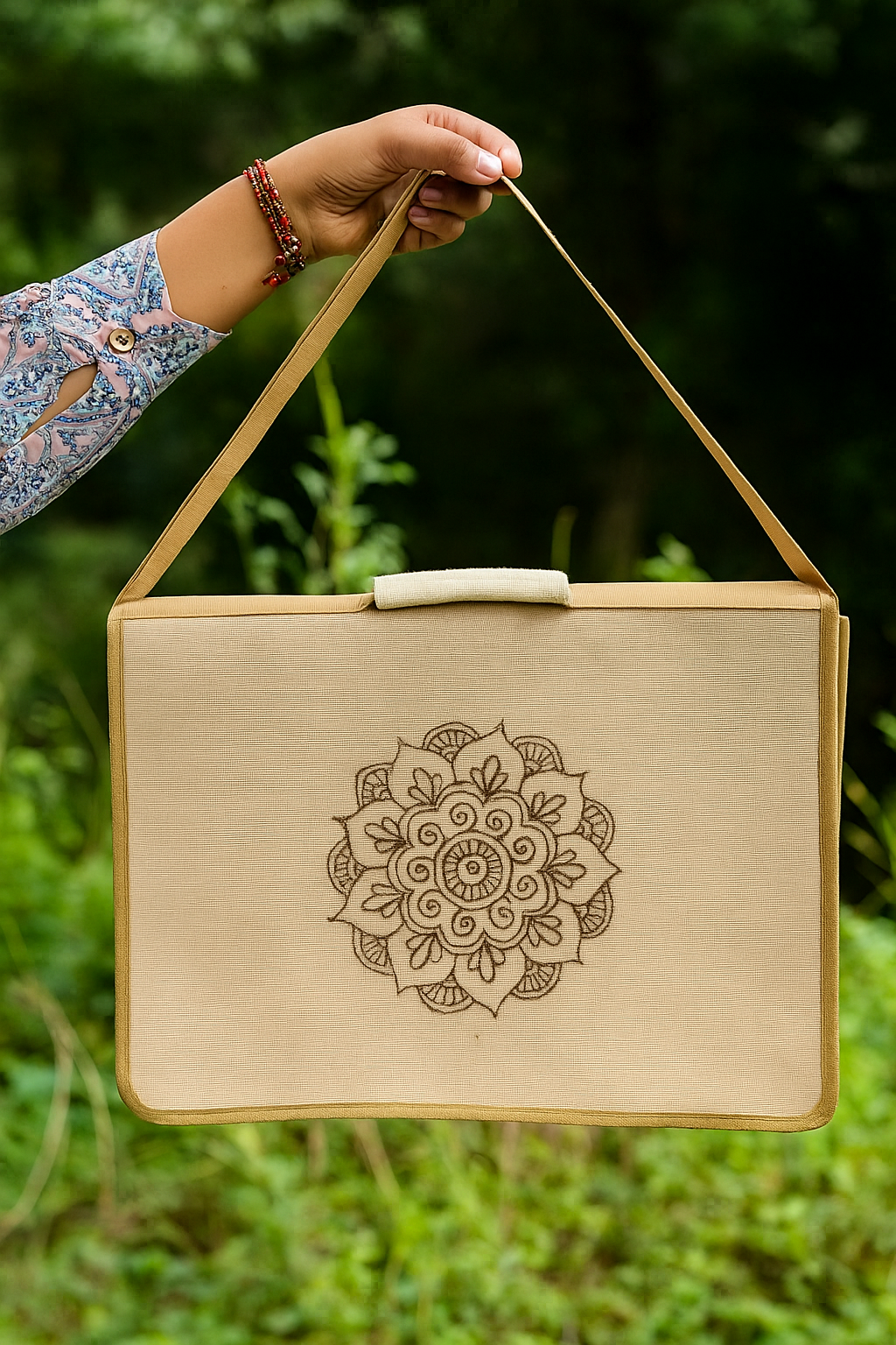 Eco-Friendly Jute Laptop Bag with Mandala Design and Handle Strap