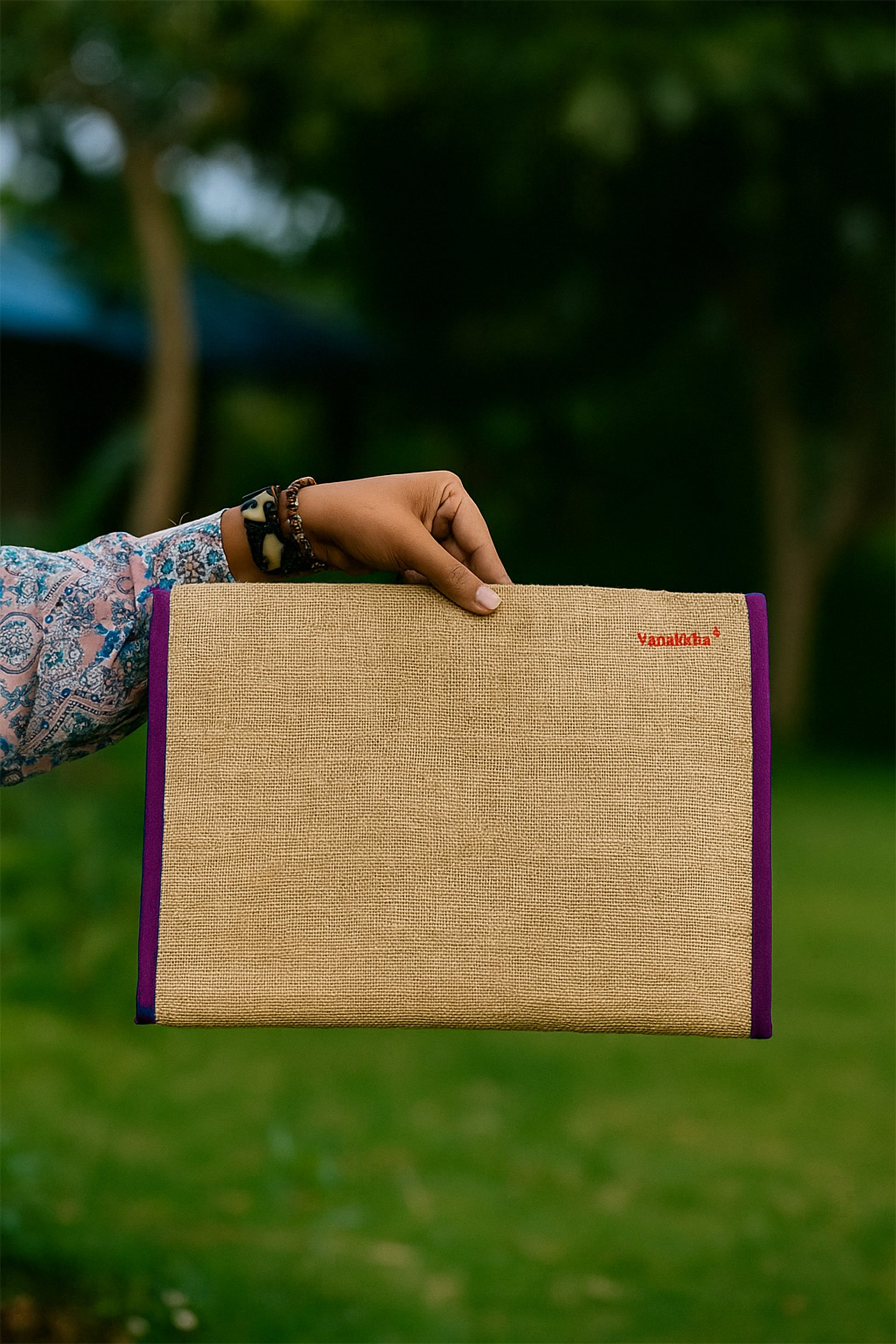 Natural Jute Laptop Sleeve with Maroon Mandala Print