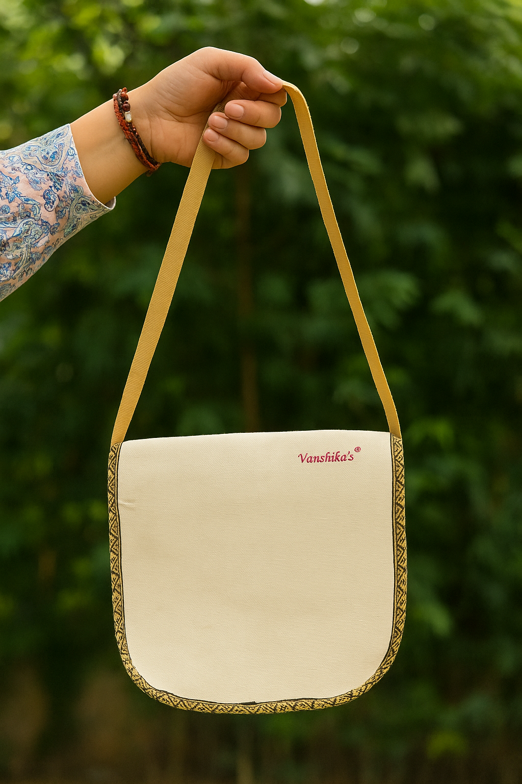 Handpainted Jute Sling Bag with Krishna Flute Design