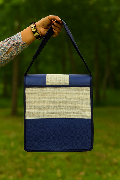 Blue Jute Laptop Bag with Dual Peacock Feather Design