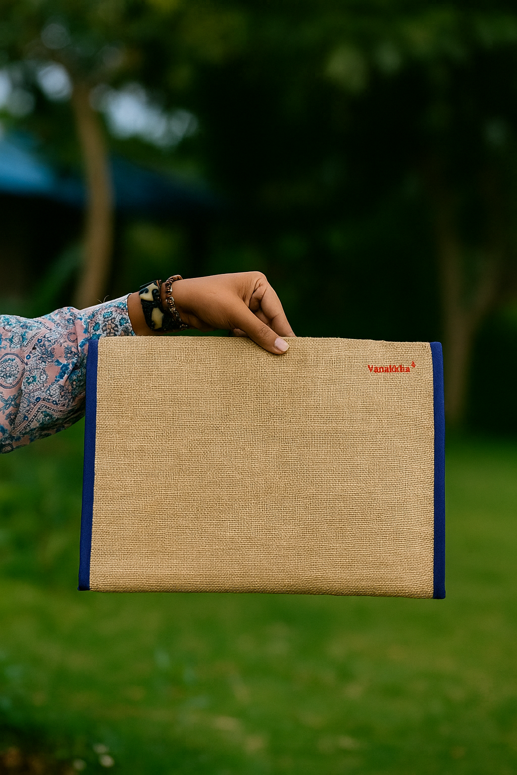 Handcrafted Jute Laptop Sleeve with Blue Mandala Design