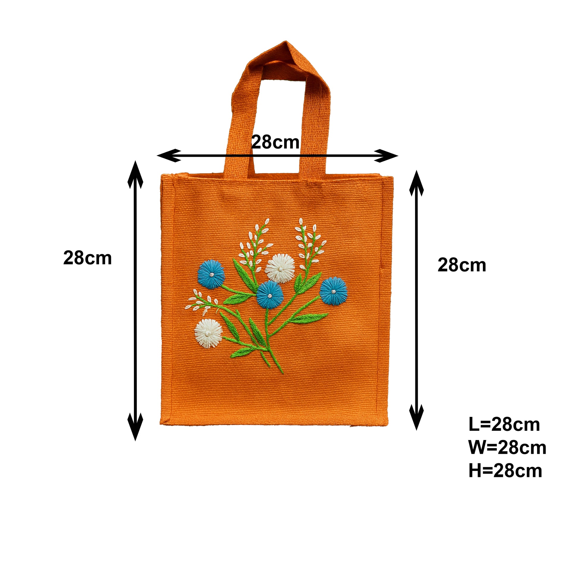 Orange Jute Lunch Bag with Blue and White Floral Embroidery