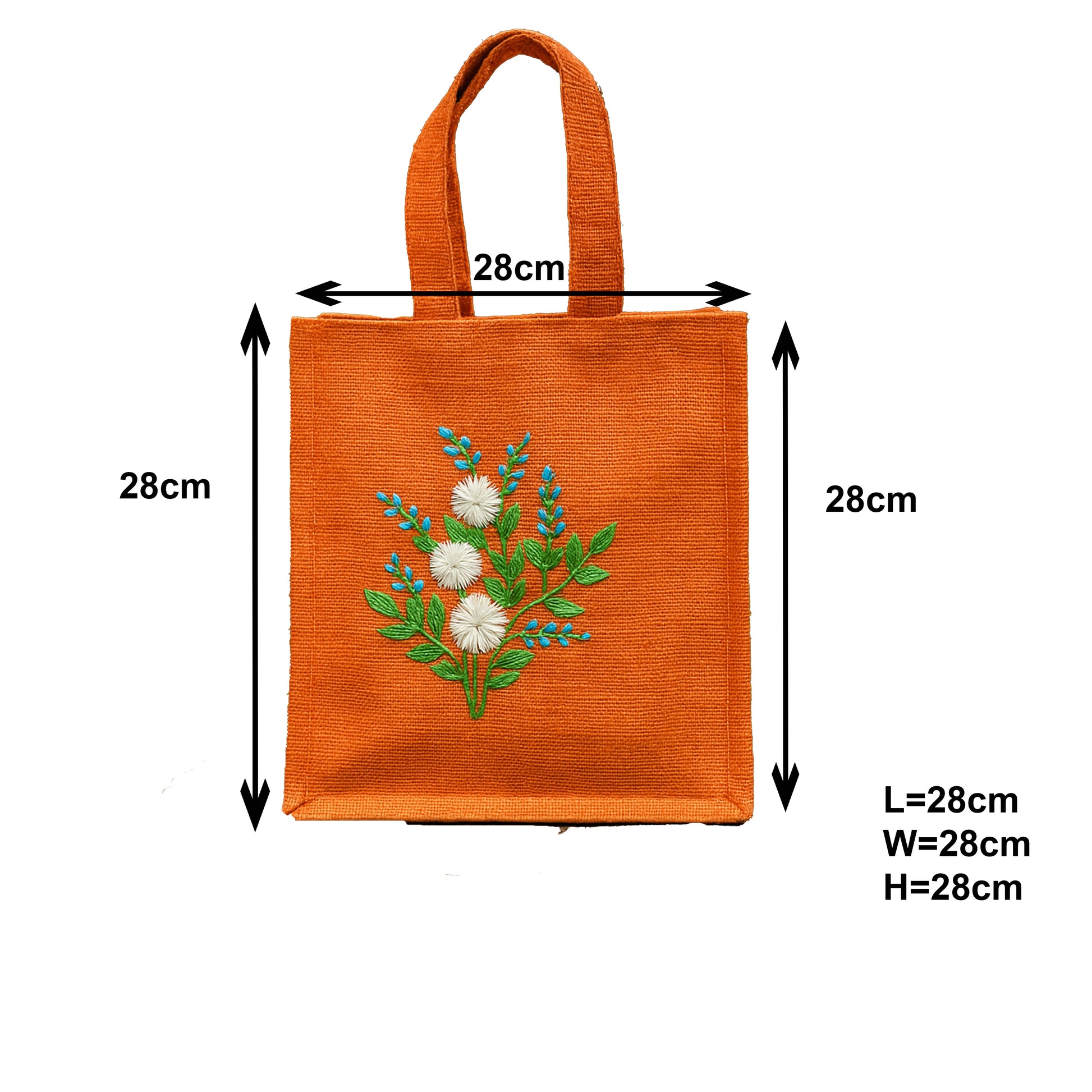 Orange Jute Handbag with White & Blue Floral Embroidery