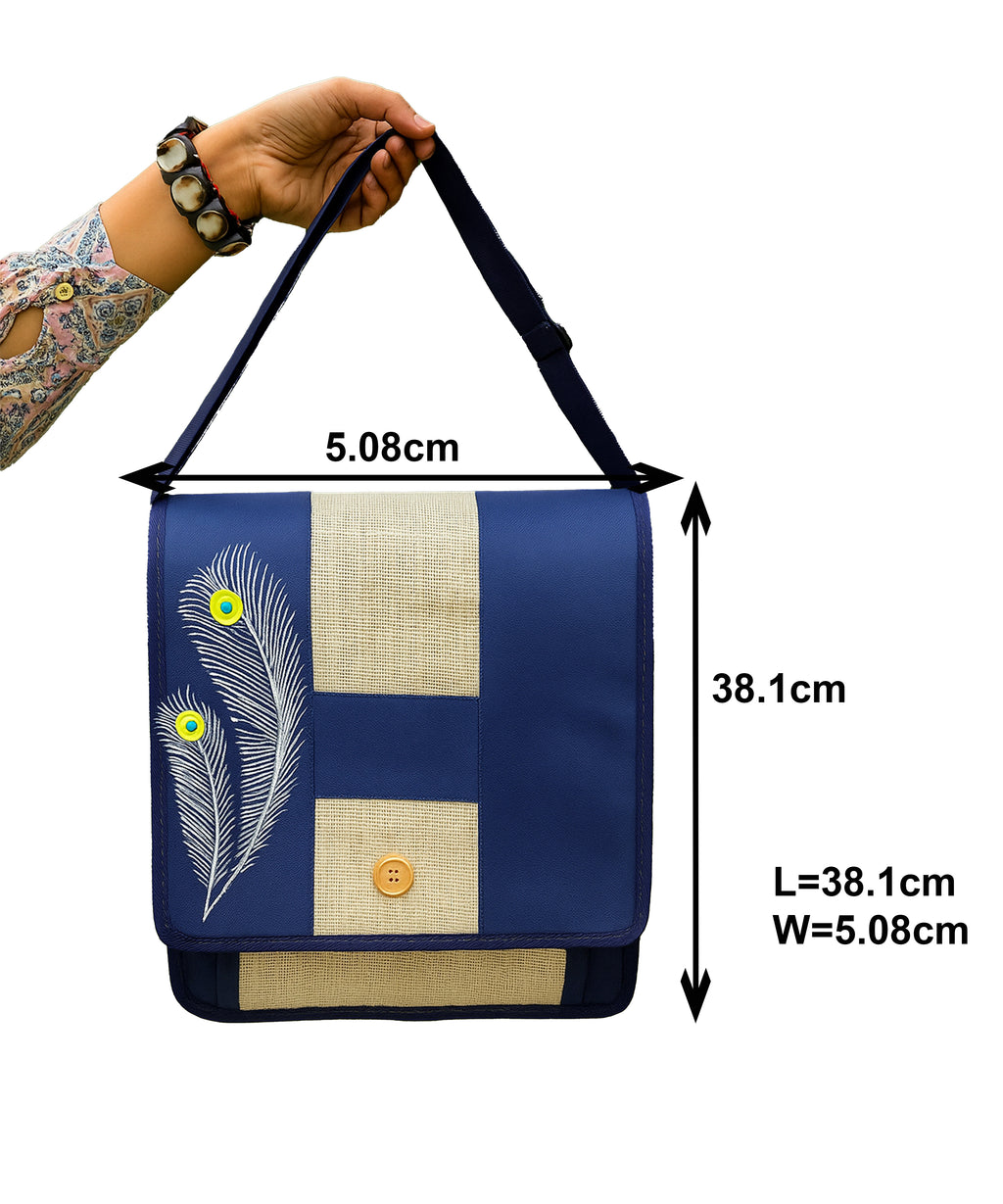Blue Jute Laptop Bag with Dual Peacock Feather Design