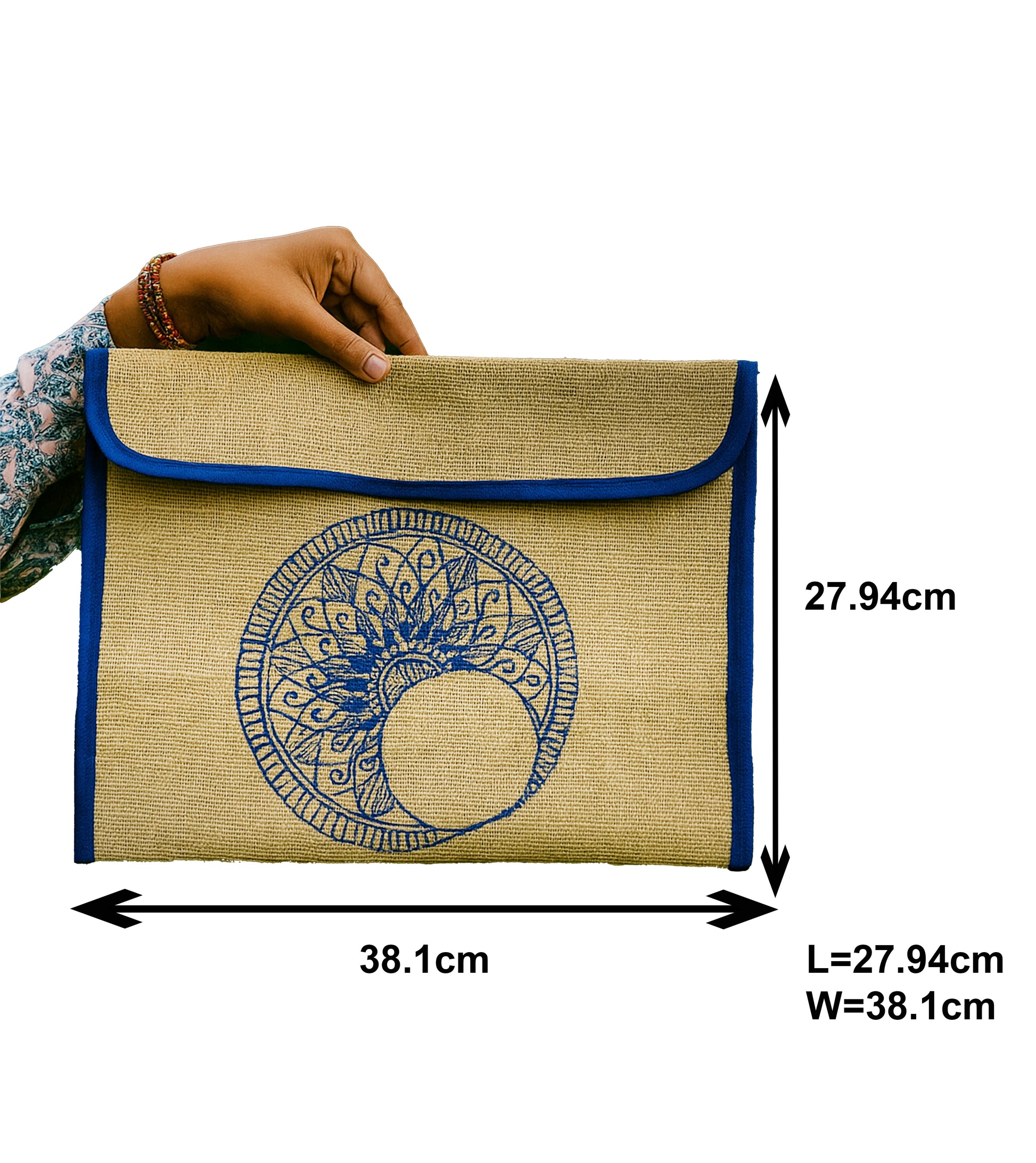 Handcrafted Jute Laptop Sleeve with Blue Mandala Design