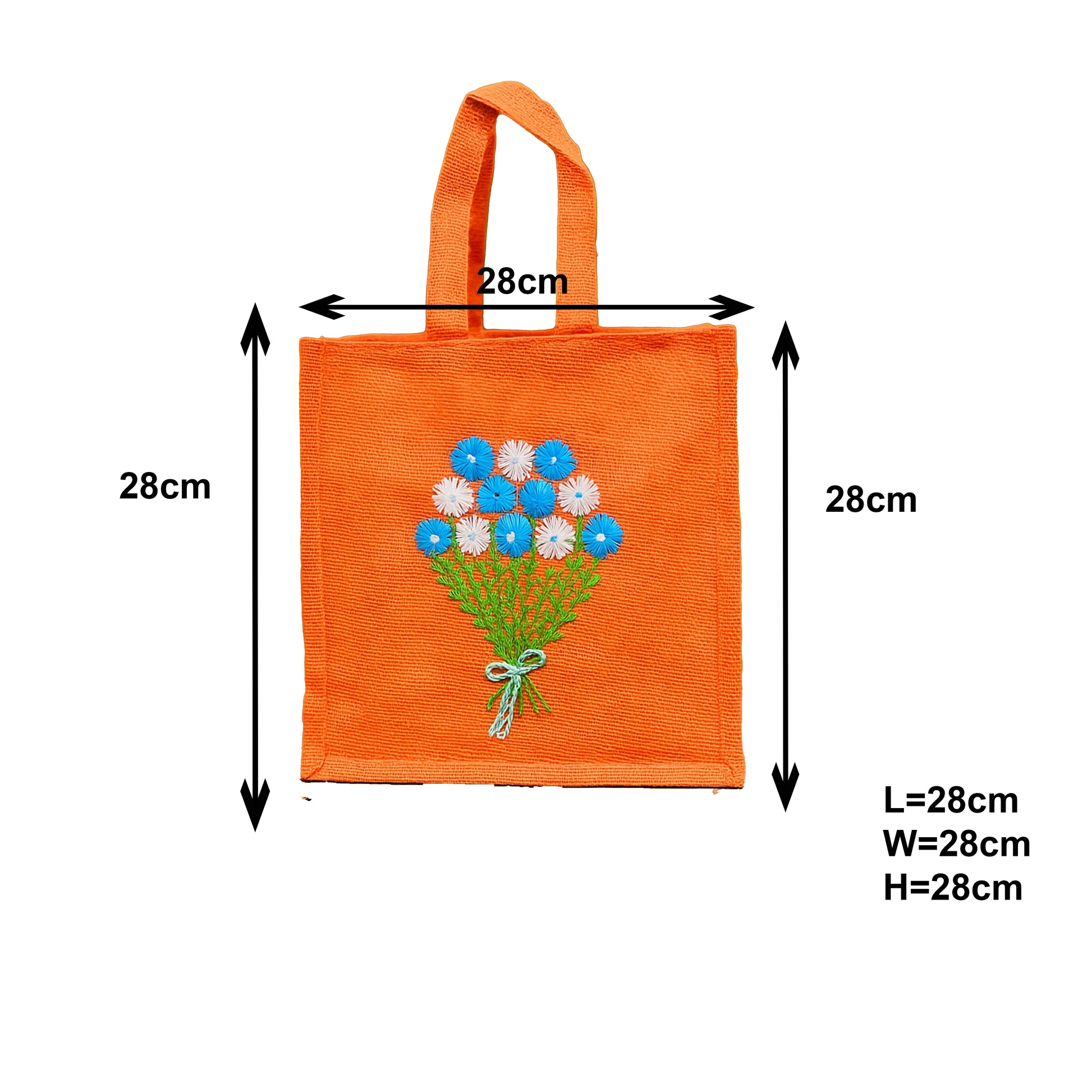 Orange Jute Tote Bag with Blue & White Flower Bouquet Embroidery