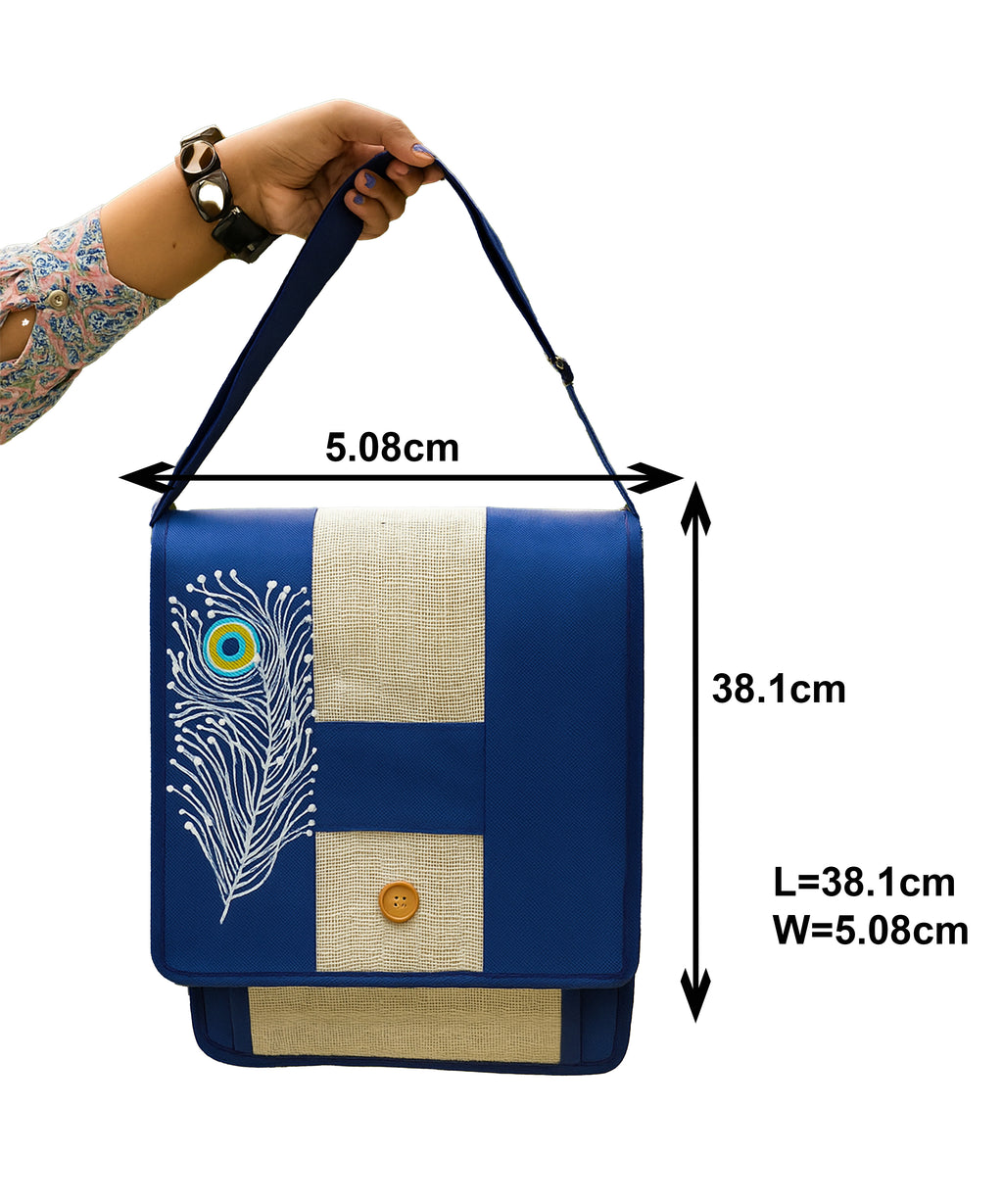 Blue Jute Laptop Bag with Peacock Feather Design